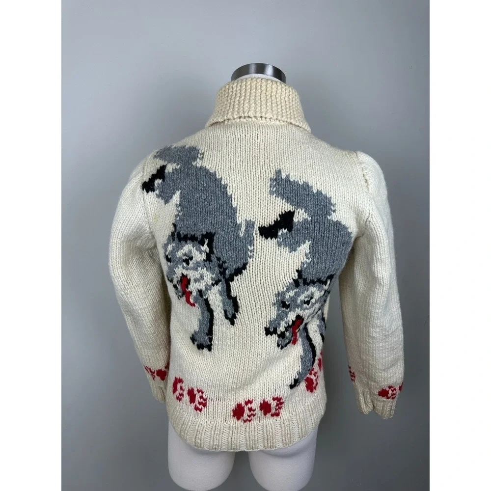 RARE Vintage 1950s Wolf Mary Maxim Cowichan Sweater Wool 100% Large - Picture 10 of 16